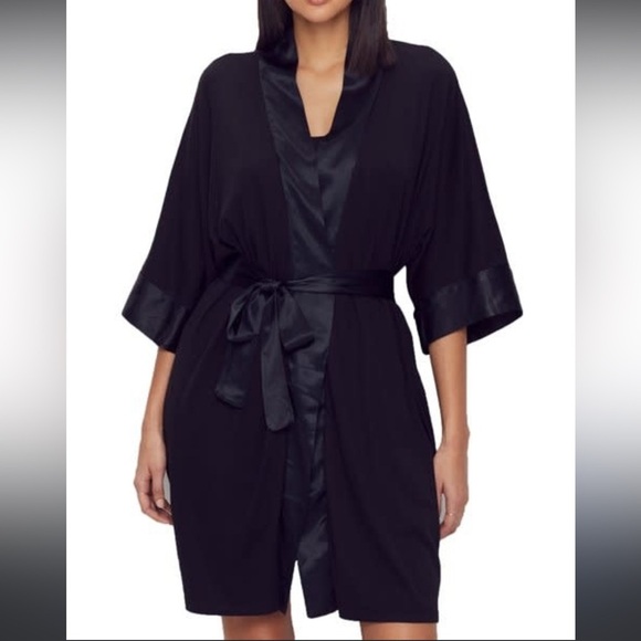 PJ Harlow Shala Knit Black Supima Cotton Blend Robe with Pockets & Satin Trim - Picture 4 of 12